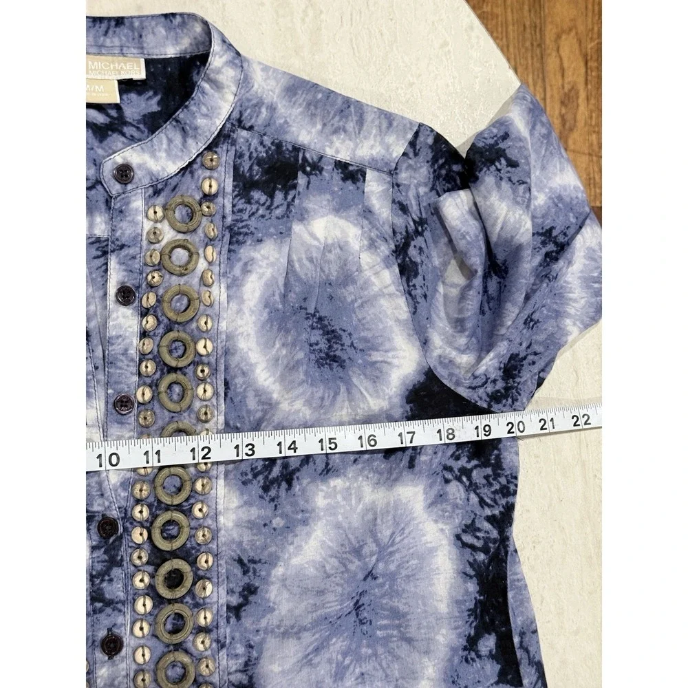 Michael Kors Top‎ M Blue Tie-Dye Beaded Bib Pleated Hippie Boho Peasant Popover